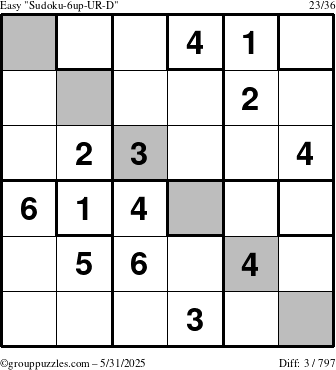 The grouppuzzles.com Easy Sudoku-6up-UR-D puzzle for Saturday May 31, 2025