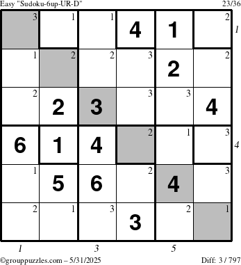 The grouppuzzles.com Easy Sudoku-6up-UR-D puzzle for Saturday May 31, 2025 with all 3 steps marked
