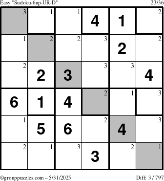 The grouppuzzles.com Easy Sudoku-6up-UR-D puzzle for Saturday May 31, 2025 with the first 3 steps marked