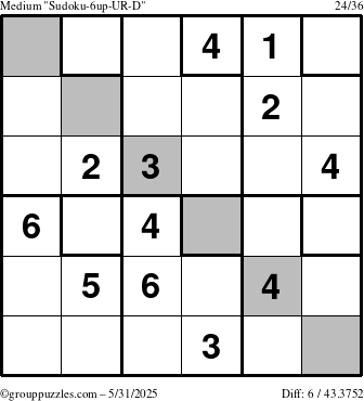 The grouppuzzles.com Medium Sudoku-6up-UR-D puzzle for Saturday May 31, 2025