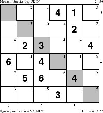 The grouppuzzles.com Medium Sudoku-6up-UR-D puzzle for Saturday May 31, 2025 with all 6 steps marked