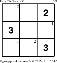 The grouppuzzles.com Easy TicTac-123 puzzle for Saturday May 31, 2025 with the first 2 steps marked