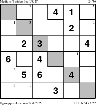 The grouppuzzles.com Medium Sudoku-6up-UR-D puzzle for Saturday May 31, 2025 with the first 3 steps marked