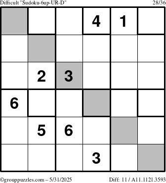 The grouppuzzles.com Difficult Sudoku-6up-UR-D puzzle for Saturday May 31, 2025