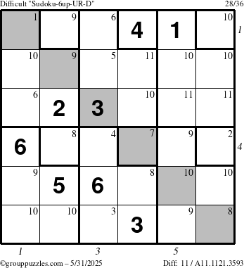 The grouppuzzles.com Difficult Sudoku-6up-UR-D puzzle for Saturday May 31, 2025 with all 11 steps marked