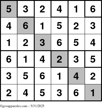 The grouppuzzles.com Answer grid for the Sudoku-6up-UR-D puzzle for Saturday May 31, 2025