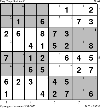 The grouppuzzles.com Easy SuperSudoku-8 puzzle for Saturday May 31, 2025 with all 4 steps marked