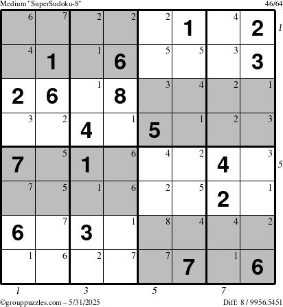 The grouppuzzles.com Medium SuperSudoku-8 puzzle for Saturday May 31, 2025 with all 8 steps marked