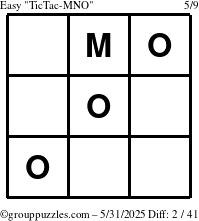 The grouppuzzles.com Easy TicTac-MNO puzzle for Saturday May 31, 2025