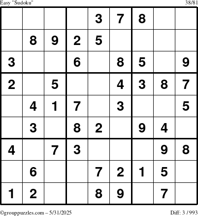 The grouppuzzles.com Easy Sudoku puzzle for Saturday May 31, 2025