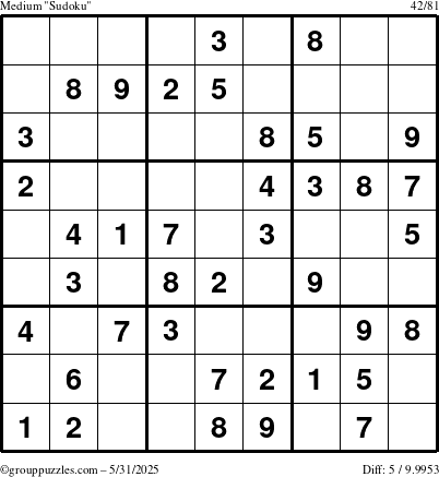 The grouppuzzles.com Medium Sudoku puzzle for Saturday May 31, 2025