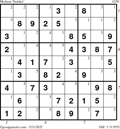 The grouppuzzles.com Medium Sudoku puzzle for Saturday May 31, 2025 with all 5 steps marked