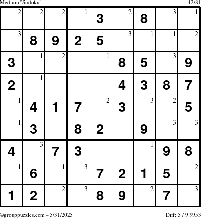 The grouppuzzles.com Medium Sudoku puzzle for Saturday May 31, 2025 with the first 3 steps marked