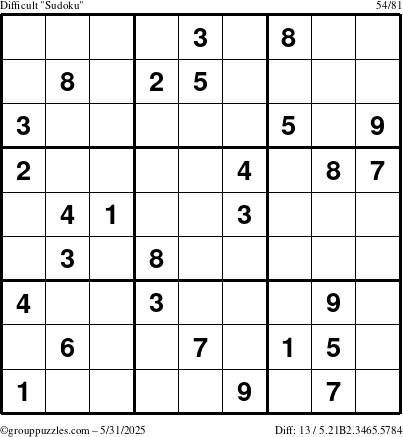 The grouppuzzles.com Difficult Sudoku puzzle for Saturday May 31, 2025
