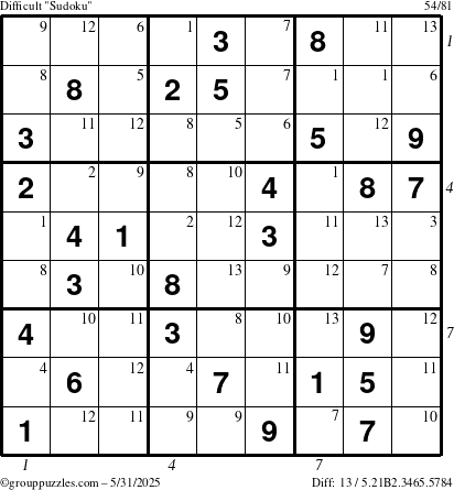 The grouppuzzles.com Difficult Sudoku puzzle for Saturday May 31, 2025 with all 13 steps marked