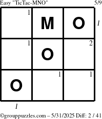 The grouppuzzles.com Easy TicTac-MNO puzzle for Saturday May 31, 2025 with all 2 steps marked