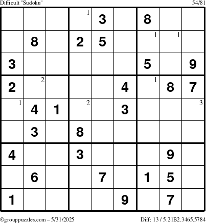 The grouppuzzles.com Difficult Sudoku puzzle for Saturday May 31, 2025 with the first 3 steps marked