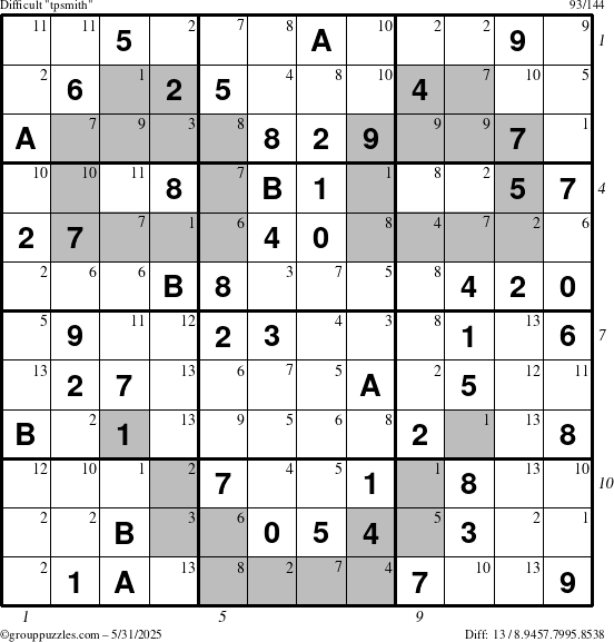 The grouppuzzles.com Difficult tpsmith puzzle for Saturday May 31, 2025 with all 13 steps marked
