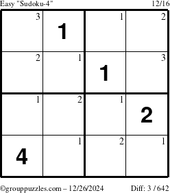 The grouppuzzles.com Easy Sudoku-4 puzzle for Thursday December 26, 2024 with the first 3 steps marked