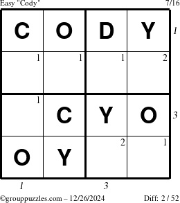 The grouppuzzles.com Easy Cody puzzle for Thursday December 26, 2024 with all 2 steps marked