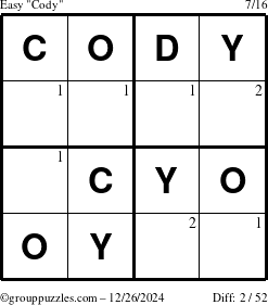 The grouppuzzles.com Easy Cody puzzle for Thursday December 26, 2024 with the first 2 steps marked