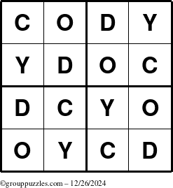 The grouppuzzles.com Answer grid for the Cody puzzle for Thursday December 26, 2024