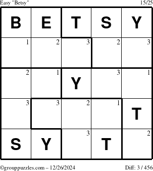 The grouppuzzles.com Easy Betsy puzzle for Thursday December 26, 2024 with the first 3 steps marked