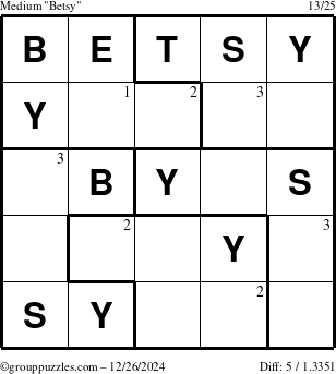 The grouppuzzles.com Medium Betsy puzzle for Thursday December 26, 2024 with the first 3 steps marked