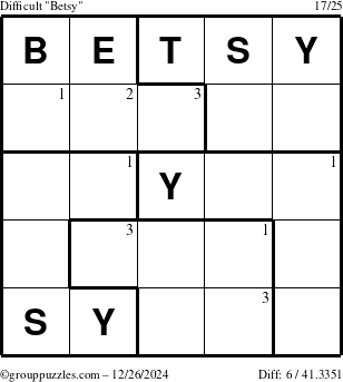 The grouppuzzles.com Difficult Betsy puzzle for Thursday December 26, 2024 with the first 3 steps marked