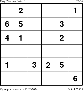 The grouppuzzles.com Easy Sudoku-Junior puzzle for Thursday December 26, 2024