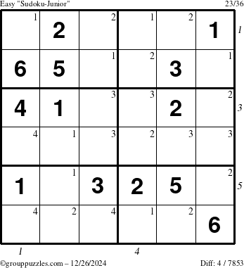 The grouppuzzles.com Easy Sudoku-Junior puzzle for Thursday December 26, 2024 with all 4 steps marked