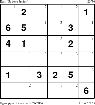 The grouppuzzles.com Easy Sudoku-Junior puzzle for Thursday December 26, 2024 with the first 3 steps marked