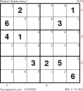 The grouppuzzles.com Medium Sudoku-Junior puzzle for Thursday December 26, 2024 with all 6 steps marked