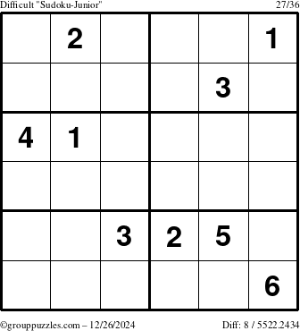 The grouppuzzles.com Difficult Sudoku-Junior puzzle for Thursday December 26, 2024