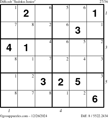 The grouppuzzles.com Difficult Sudoku-Junior puzzle for Thursday December 26, 2024 with all 8 steps marked