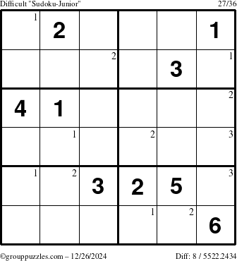 The grouppuzzles.com Difficult Sudoku-Junior puzzle for Thursday December 26, 2024 with the first 3 steps marked