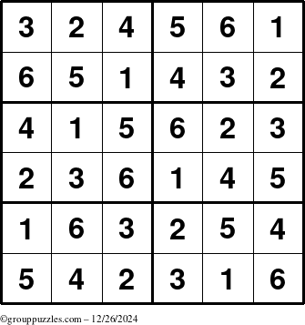 The grouppuzzles.com Answer grid for the Sudoku-Junior puzzle for Thursday December 26, 2024