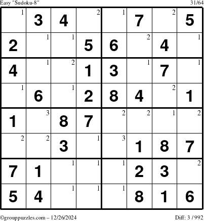 The grouppuzzles.com Easy Sudoku-8 puzzle for Thursday December 26, 2024 with the first 3 steps marked