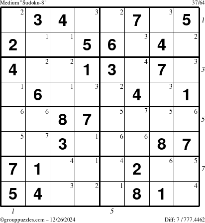 The grouppuzzles.com Medium Sudoku-8 puzzle for Thursday December 26, 2024 with all 7 steps marked