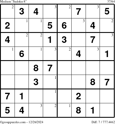 The grouppuzzles.com Medium Sudoku-8 puzzle for Thursday December 26, 2024 with the first 3 steps marked