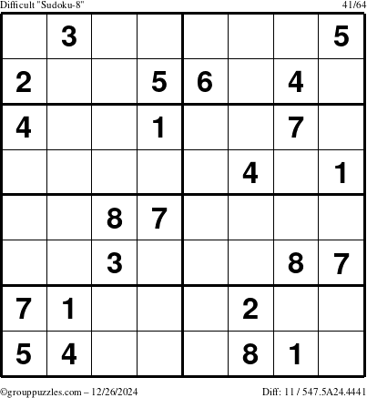 The grouppuzzles.com Difficult Sudoku-8 puzzle for Thursday December 26, 2024