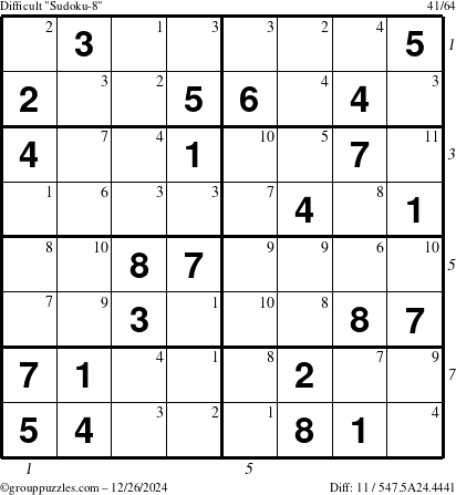 The grouppuzzles.com Difficult Sudoku-8 puzzle for Thursday December 26, 2024 with all 11 steps marked