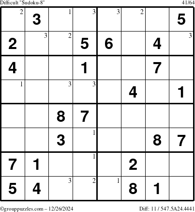 The grouppuzzles.com Difficult Sudoku-8 puzzle for Thursday December 26, 2024 with the first 3 steps marked