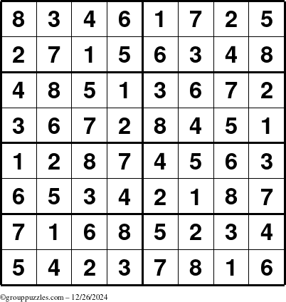 The grouppuzzles.com Answer grid for the Sudoku-8 puzzle for Thursday December 26, 2024