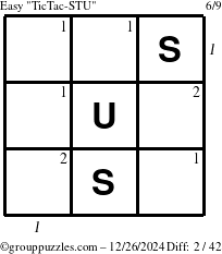 The grouppuzzles.com Easy TicTac-STU puzzle for Thursday December 26, 2024, suitable for printing, with all 2 steps marked