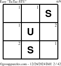 The grouppuzzles.com Easy TicTac-STU puzzle for Thursday December 26, 2024 with the first 2 steps marked