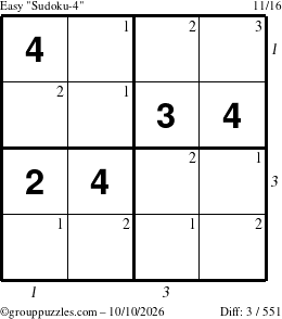 The grouppuzzles.com Easy Sudoku-4 puzzle for Saturday October 10, 2026, suitable for printing, with all 3 steps marked
