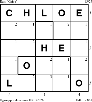 The grouppuzzles.com Easy Chloe puzzle for Saturday October 10, 2026 with all 3 steps marked