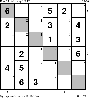 The grouppuzzles.com Easy Sudoku-6up-UR-D puzzle for Saturday October 10, 2026 with all 3 steps marked
