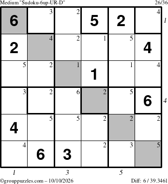 The grouppuzzles.com Medium Sudoku-6up-UR-D puzzle for Saturday October 10, 2026, suitable for printing, with all 6 steps marked